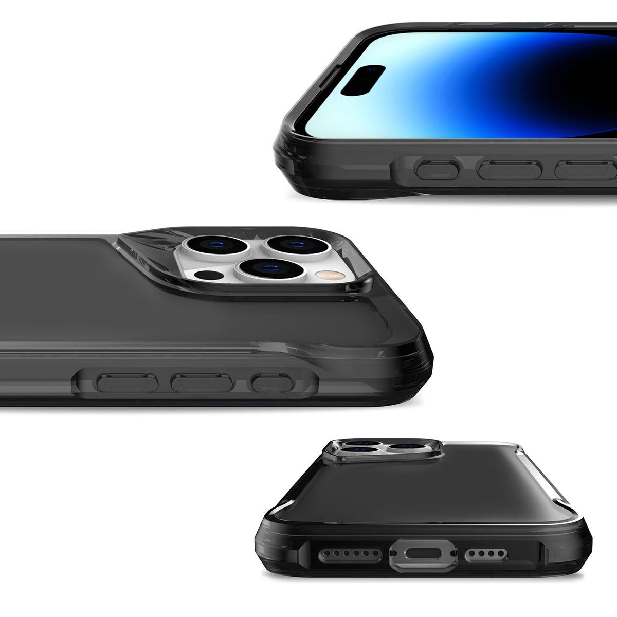 Siyah bir telefonun kılıfıyla yakın çekimleri. Telefon, kamera lenslerini ve düğmeleri gösteriyor. Arka plan beyaz.