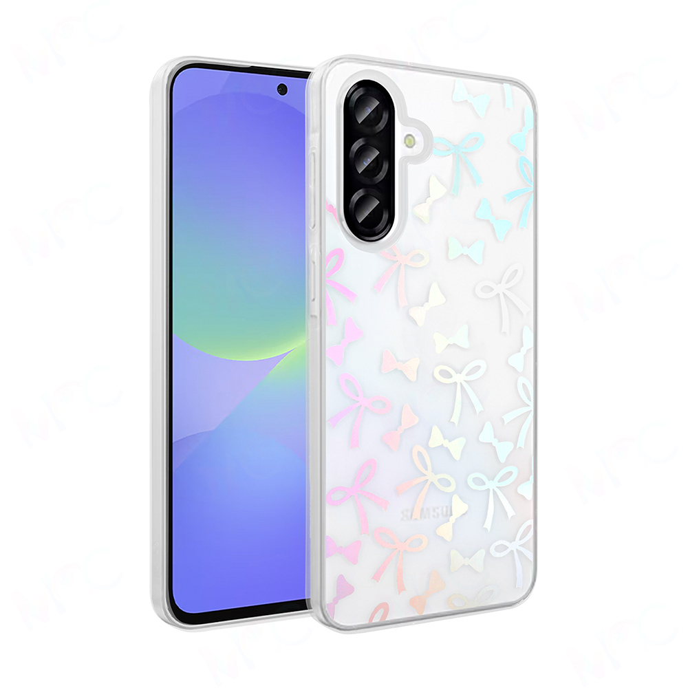 Pastel renkli fiyonk desenleriyle süslenmiş şeffaf bir kılıfa sahip bir telefon. Telefonun ekranı solda görülebilir.