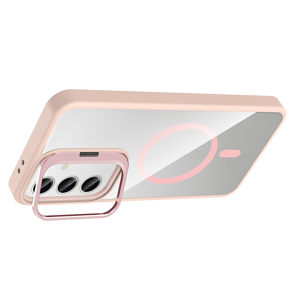 Şeffaf arka ve kamera kesimi olan pembe bir telefon kılıfı. Arka tarafta pembe bir daire ve küçük bir pembe dikdörtgen var.