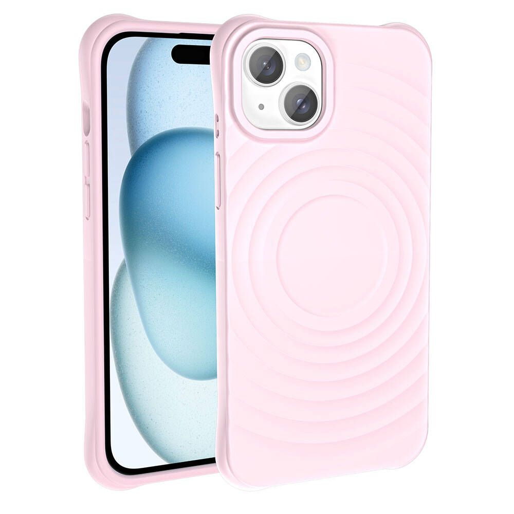 Eşsiz dairesel tasarımlı pembe bir telefon kılıfı, bir telefonun yanında duruyor. Telefonun ekranında bulanık mavi ve beyaz bir arka plan var.