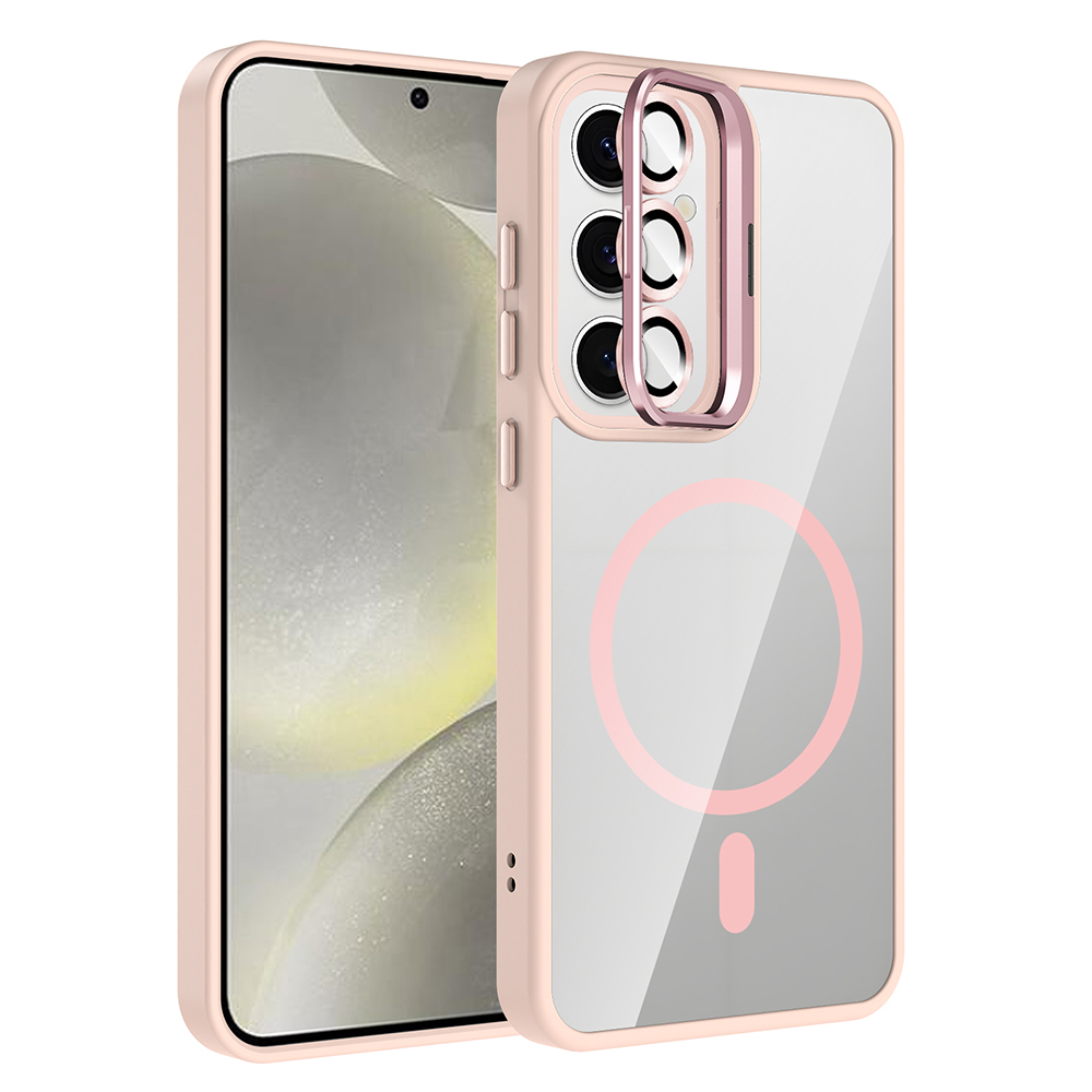 Açık pembe bir telefon kılıfı. Pembe bir daire ve pembe bir dikdörtgen ile şeffaf bir arka yüzü var. Kameranın pembe bir çerçevesi var.