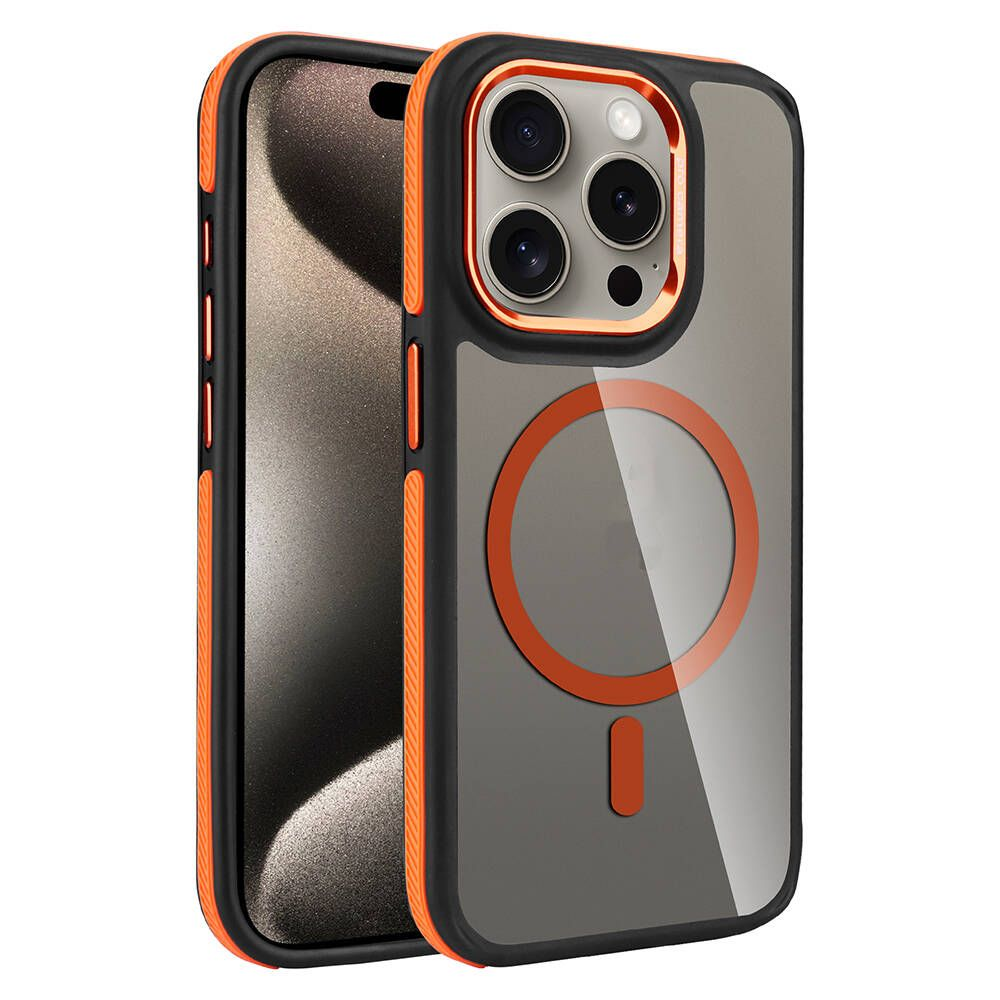 Turuncu detaylı bir iPhone kılıfı. Turuncu bir daire ve siyah bir çerçeve ile şeffaf bir arka kısma sahip.