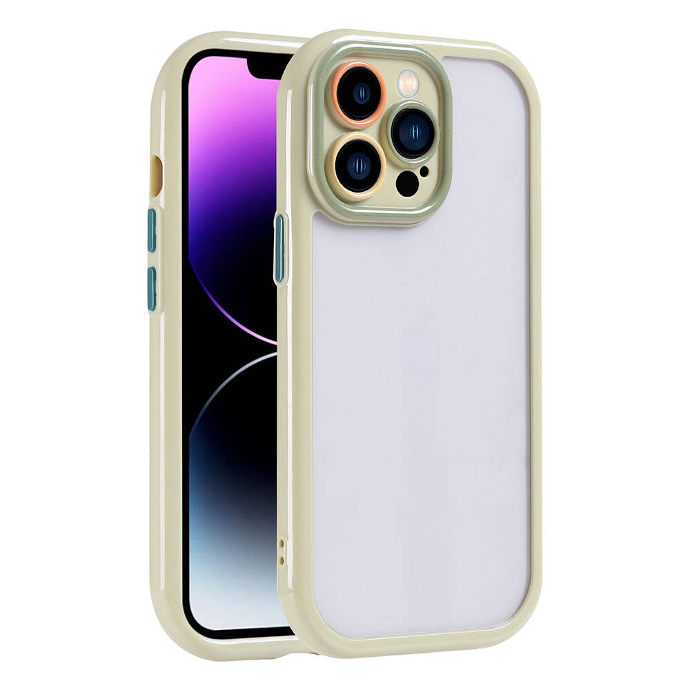 Krem rengi bir kılıfı olan bir iPhone gösteriliyor. Kılıfın şeffaf bir arka yüzü ve koruyucu çerçevesi var. Telefonun ekranı görünüyor.