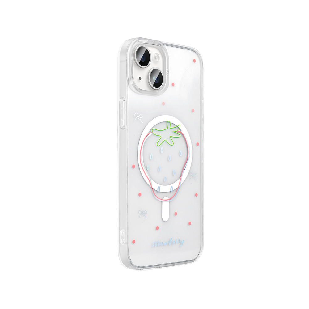 GPACK iPhone 14 Uyumlu Folk M-Safe Şarj Özellikli Çilek Desenli Telefon Kılıfı Pembe