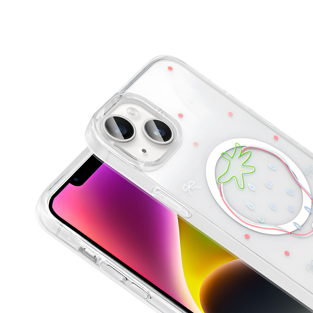 Çilek tasarımlı şeffaf telefon kılıfı. Telefonun ekranı görünür, renkli bir ekran gösteriyor. Pembe noktalar ve fiyonklar kılıfı süslüyor.