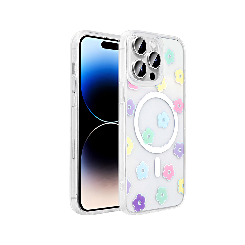 Renkli çiçek desenleriyle süslenmiş şeffaf bir kılıfı olan bir iPhone. Telefon kılıfının arkasında beyaz dairesel bir tasarım var.