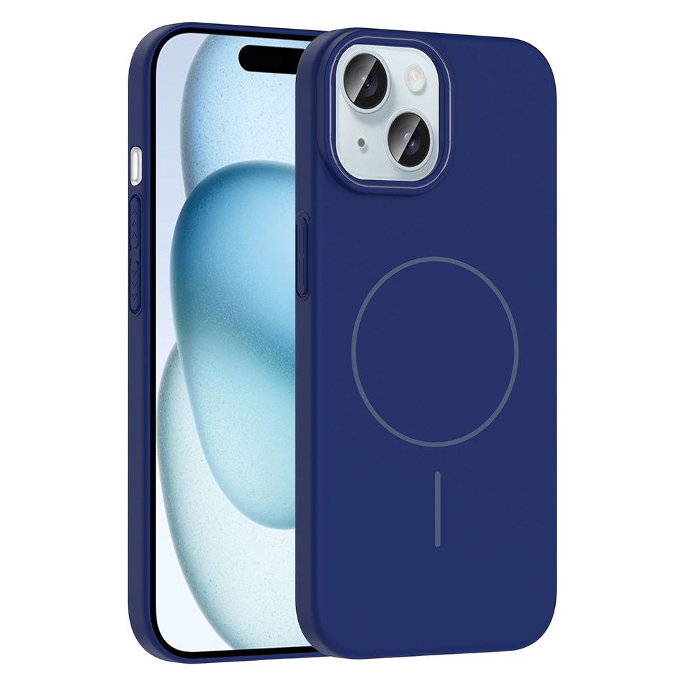 İçinde bir iPhone bulunan lacivert bir telefon kılıfı. Kılıfın arkasında bir daire ve çizgi var. Telefonun kamerası görünür durumda.