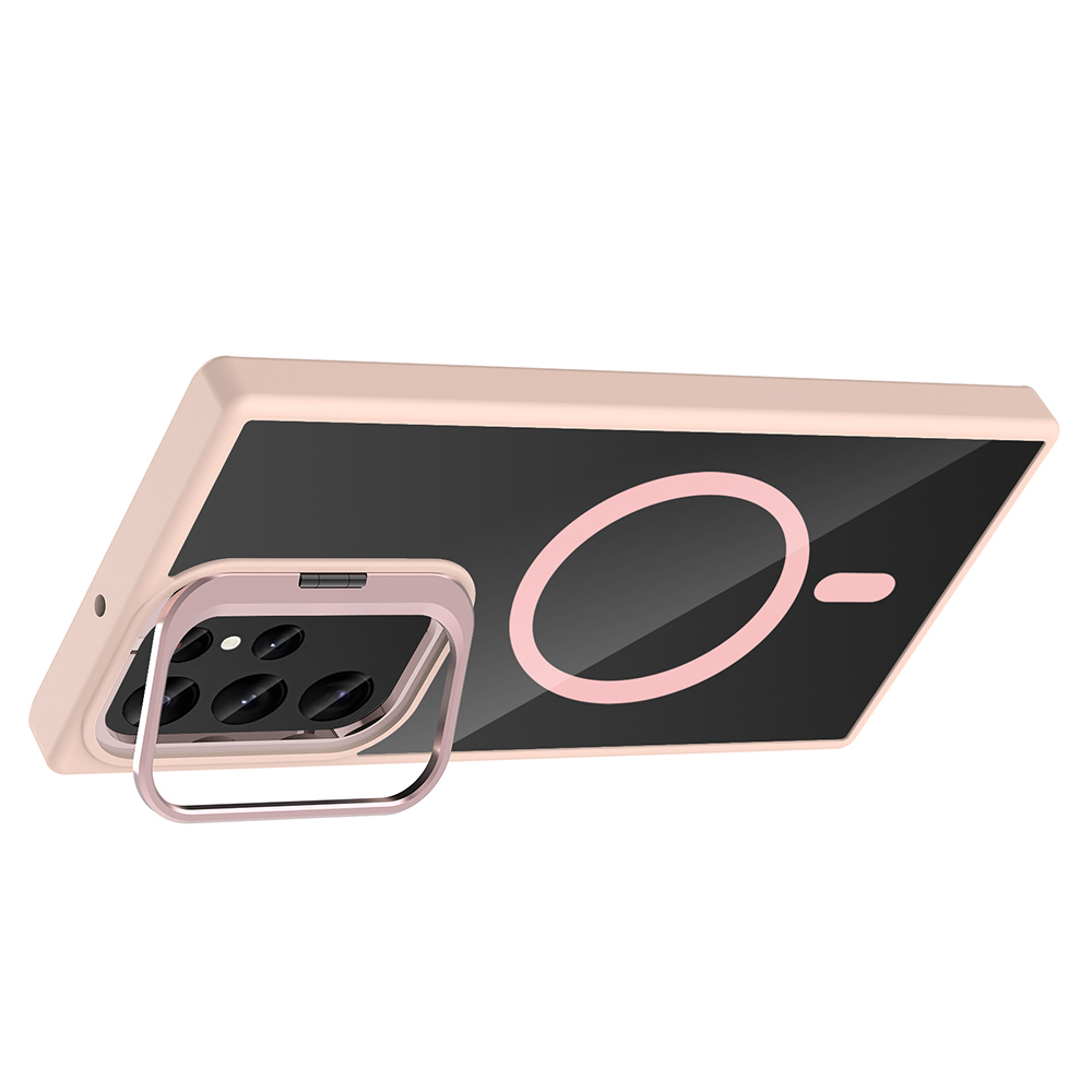 Pembe çerçeveli ve siyah arka yüzü olan bir telefon kılıfı. Arkada pembe bir daire ve çizgi tasarımı var. Kameranın gümüş bir çerçevesi var.
