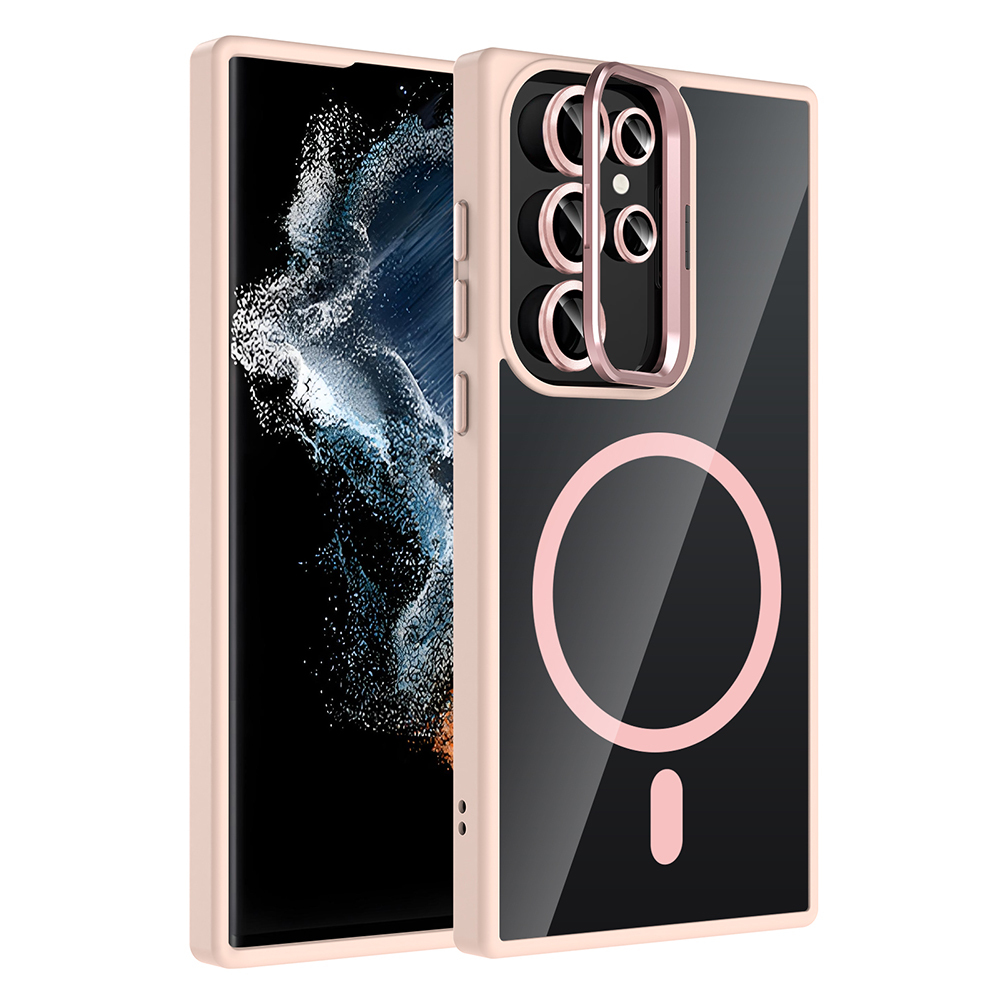Açık pembe bir telefon kılıfı, şeffaf arka kısım ve pembe dairesel tasarım. Telefon solda.