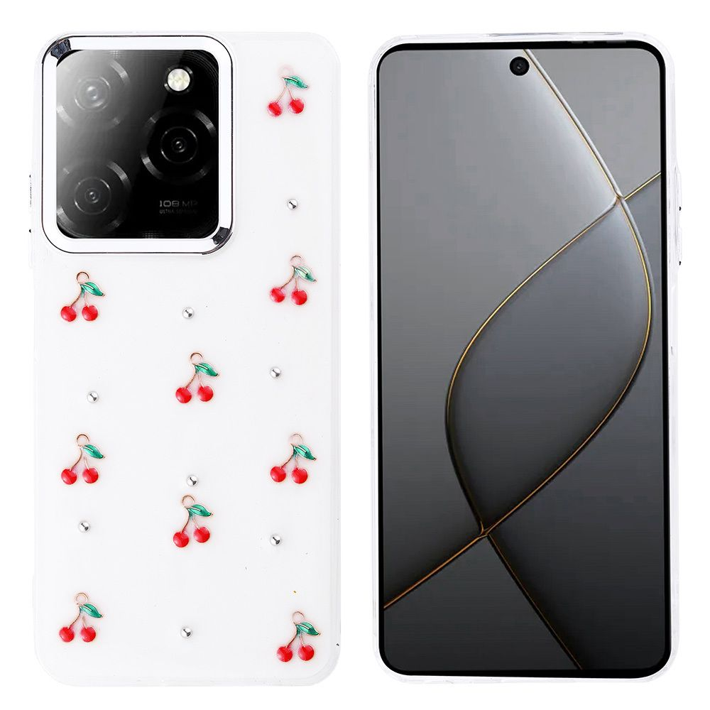 Kirazlarla süslenmiş beyaz kılıflı bir akıllı telefon. Ekran gri ve altın rengi bir tasarım gösteriyor.