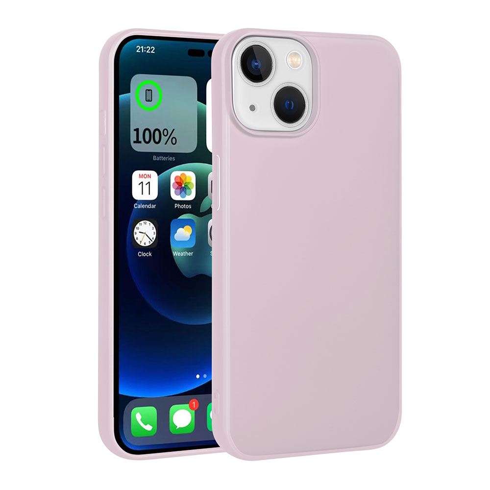 Ana ekranı gösteren bir telefonla birlikte iki pembe telefon kılıfı. Bir kılıf açıktır ve ekranı gösterir. Ekran uygulama simgelerini gösterir.