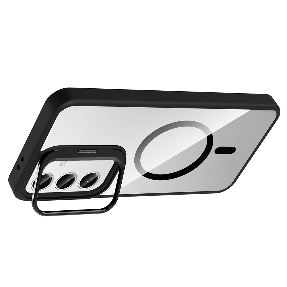 Siyah çerçeveli ve şeffaf arkalı bir telefon kılıfı. Kılıfın kamera kesimi ve halka tutucusu var. Arka plan beyazdır.