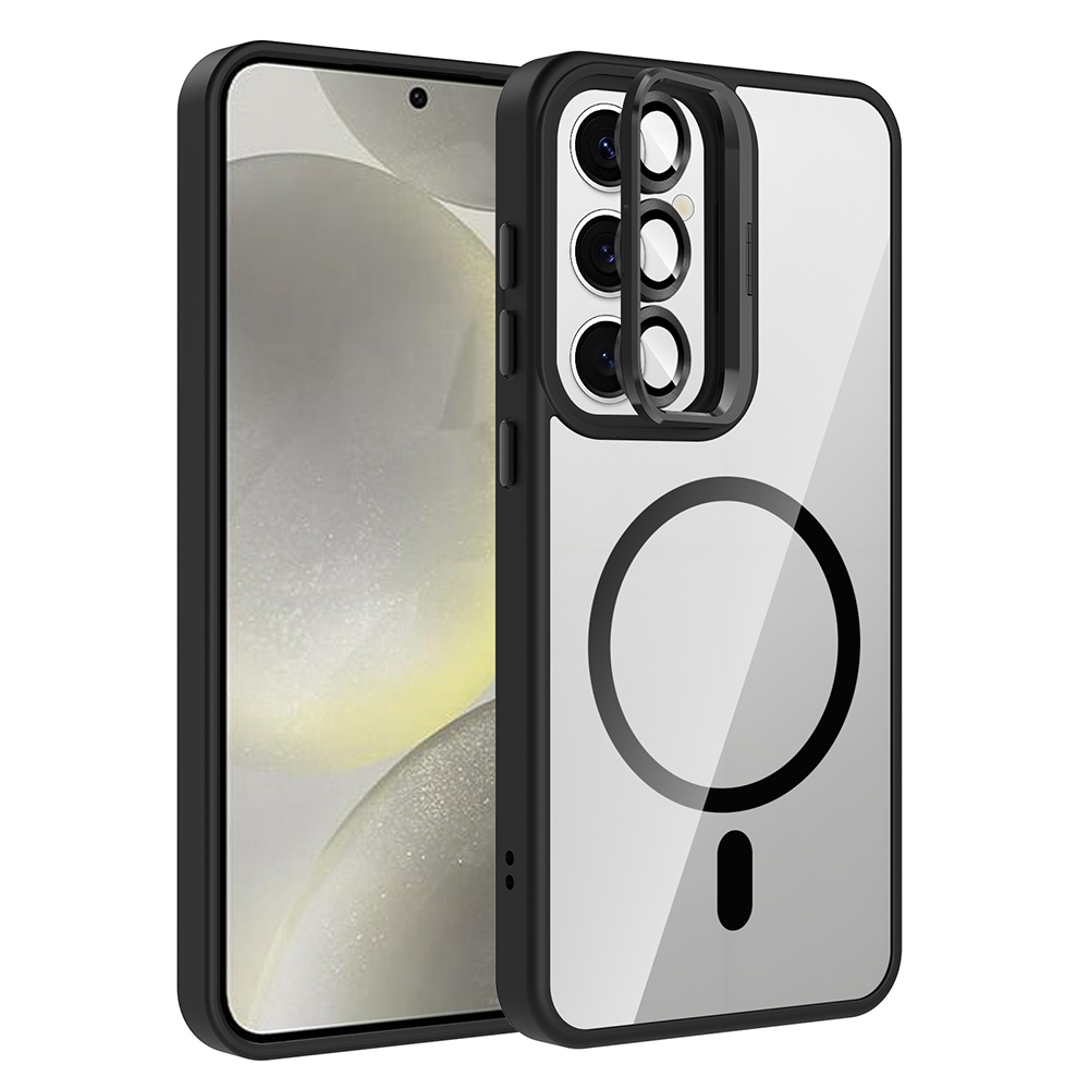 Siyah çerçeveli şeffaf telefon kılıfı. İçeride görülebilir telefon. Arkada siyah daire ve çizgi. Kamera lens koruyucusu.