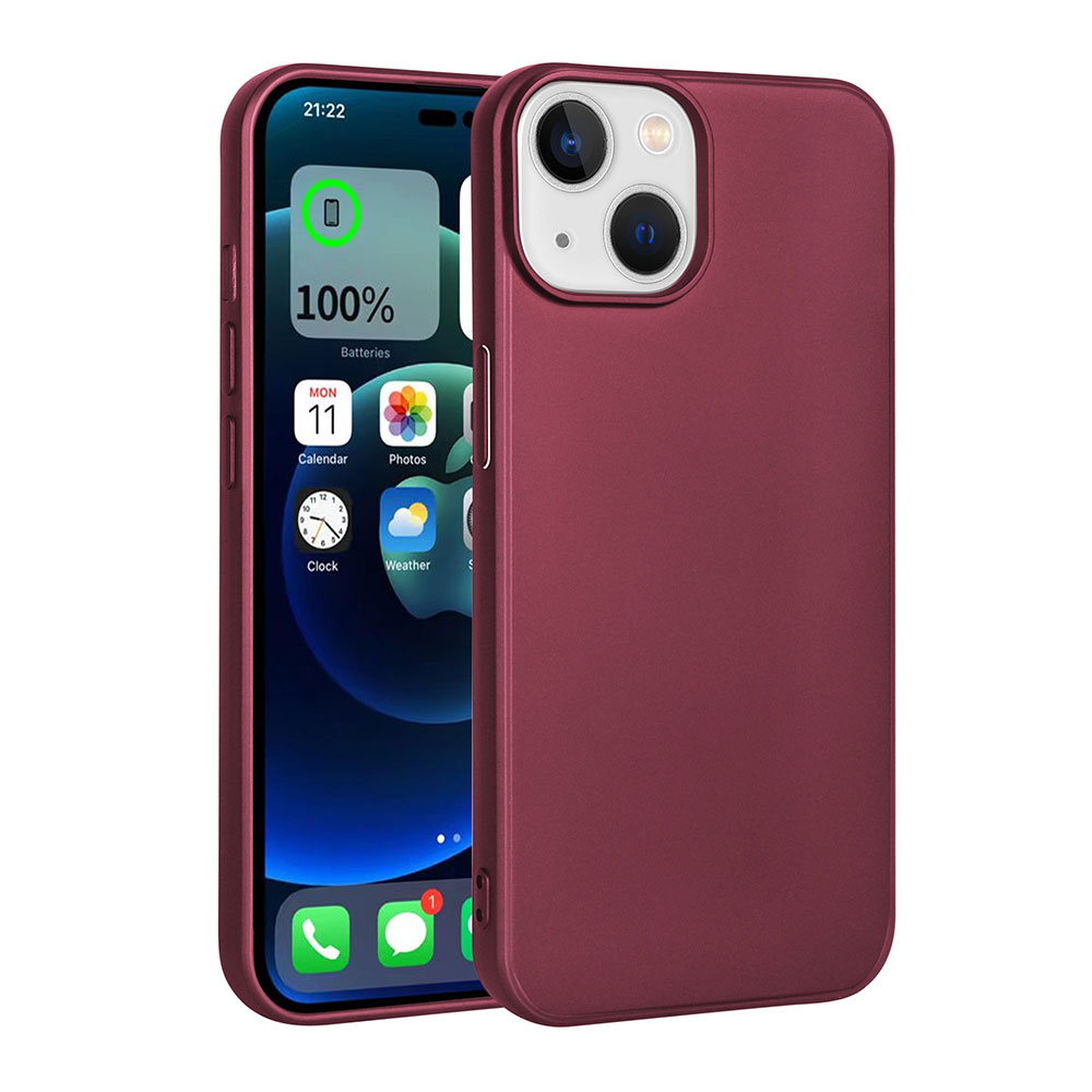 Bordo bir iPhone ve eşleşen kılıfı. Ekran, takvim, fotoğraflar ve hava durumu gibi uygulama simgelerini gösteriyor ve %100 pil gösteriyor.