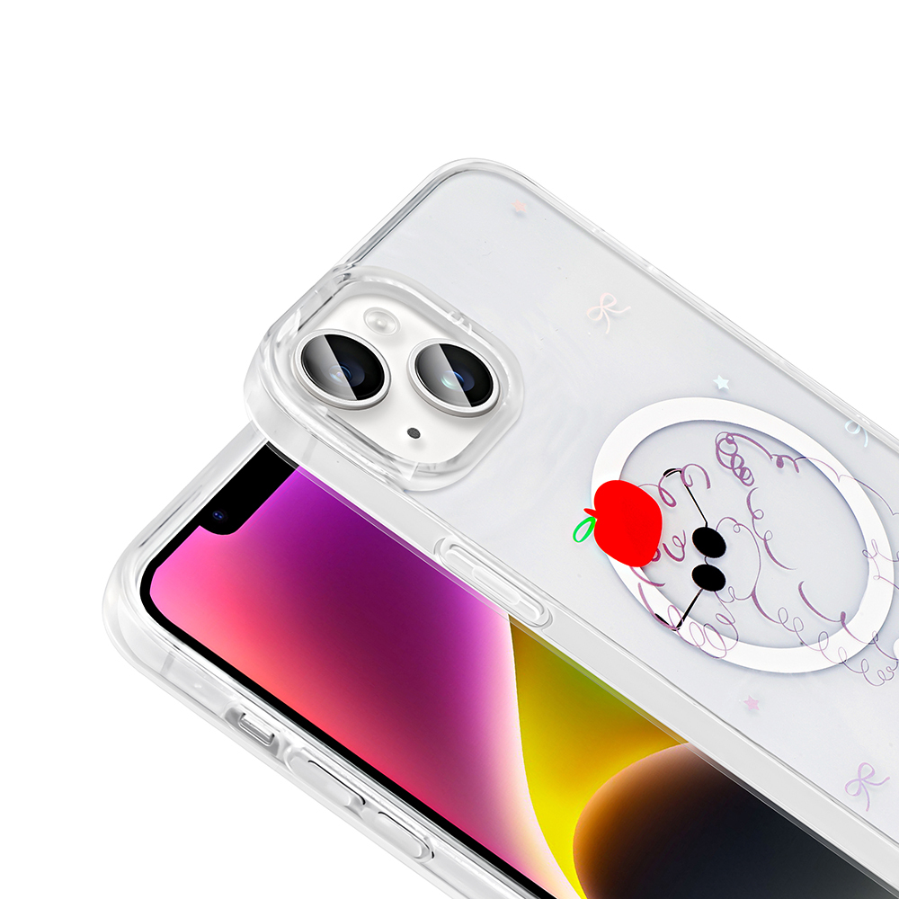 Kırmızı elma tasarımlı şeffaf telefon kılıfı. Telefonun ekranı sarı ve mor renkler gösteriyor. Kılıfın iki lensi var.