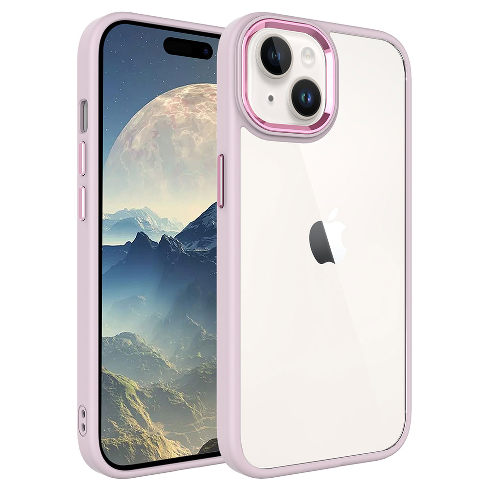 Şeffaf arka yüzü olan pembe bir telefon kılıfı, bir manzara sahnesi gösteren bir telefonun yanında duruyor. Apple logosu görülebilir.