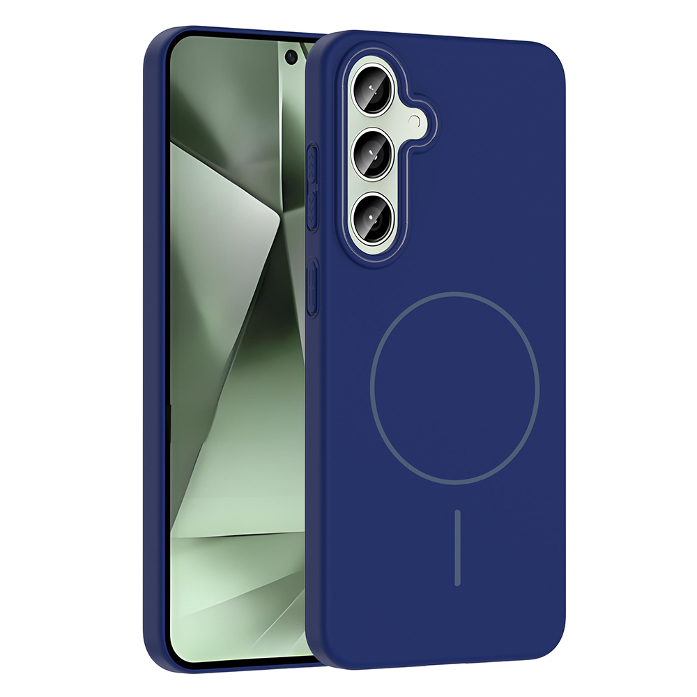 Üç kamera açıklığına ve dairesel bir tasarıma sahip mavi bir telefon kılıfı. Telefon ekranı görülebilir. Kılıf beyaz bir arka plan üzerinde.