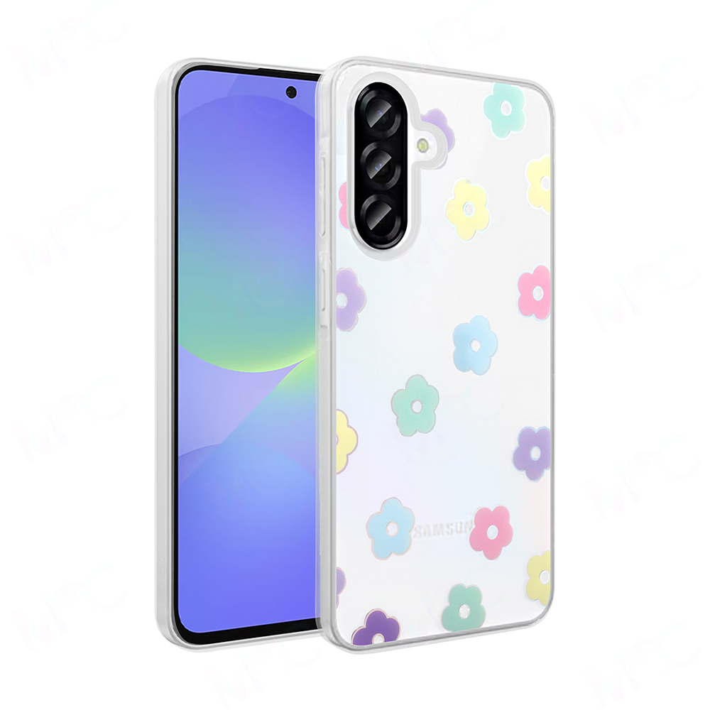Renkli çiçek desenli şeffaf bir telefon kılıfı bir telefonda. Telefon beyaz bir arka planın önünde.