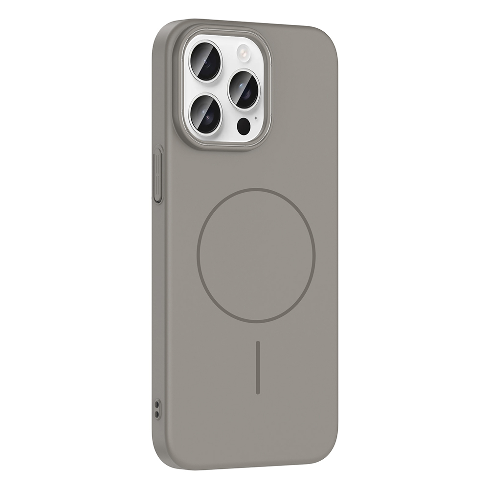 Arkada dört lensli ve arkasında dairesel bir tasarıma sahip, gri bir telefon kılıfı. Kılıf mat bir yüzeye sahiptir.