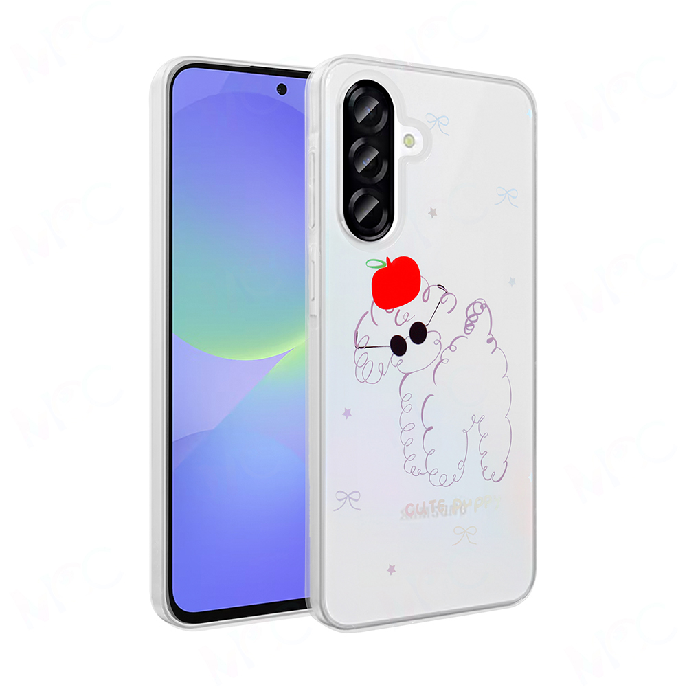 Güneş gözlüğü takan ve kafasında kırmızı bir elma olan çizgi film köpeğiyle bir telefon kılıfı. Kılıf, bazı fiyonk ve yıldız desenleriyle şeffaftır.