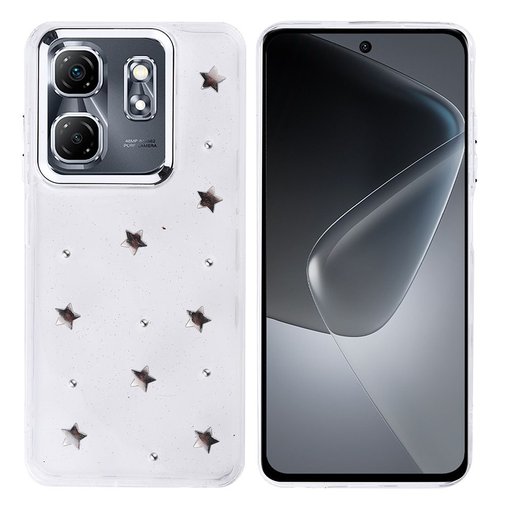 Sağ tarafta yıldız ve nokta desenli şeffaf kılıf içinde bir akıllı telefon var. Sol taraf telefonun kamerasını gösteriyor.