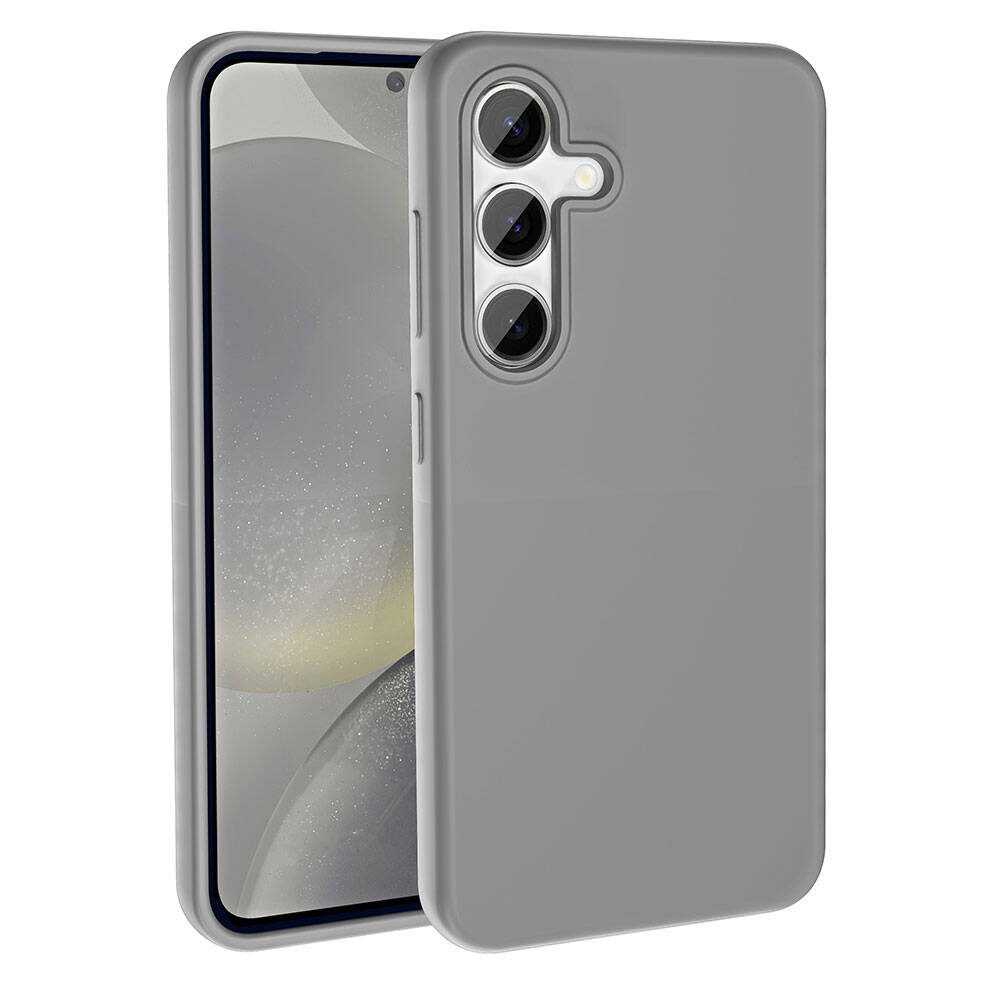 Gri bir telefon kılıfı bir telefonun yanında. Kılıfın kamera kesikleri ve güç düğmesi var. Telefonun ekranı görünür durumda.