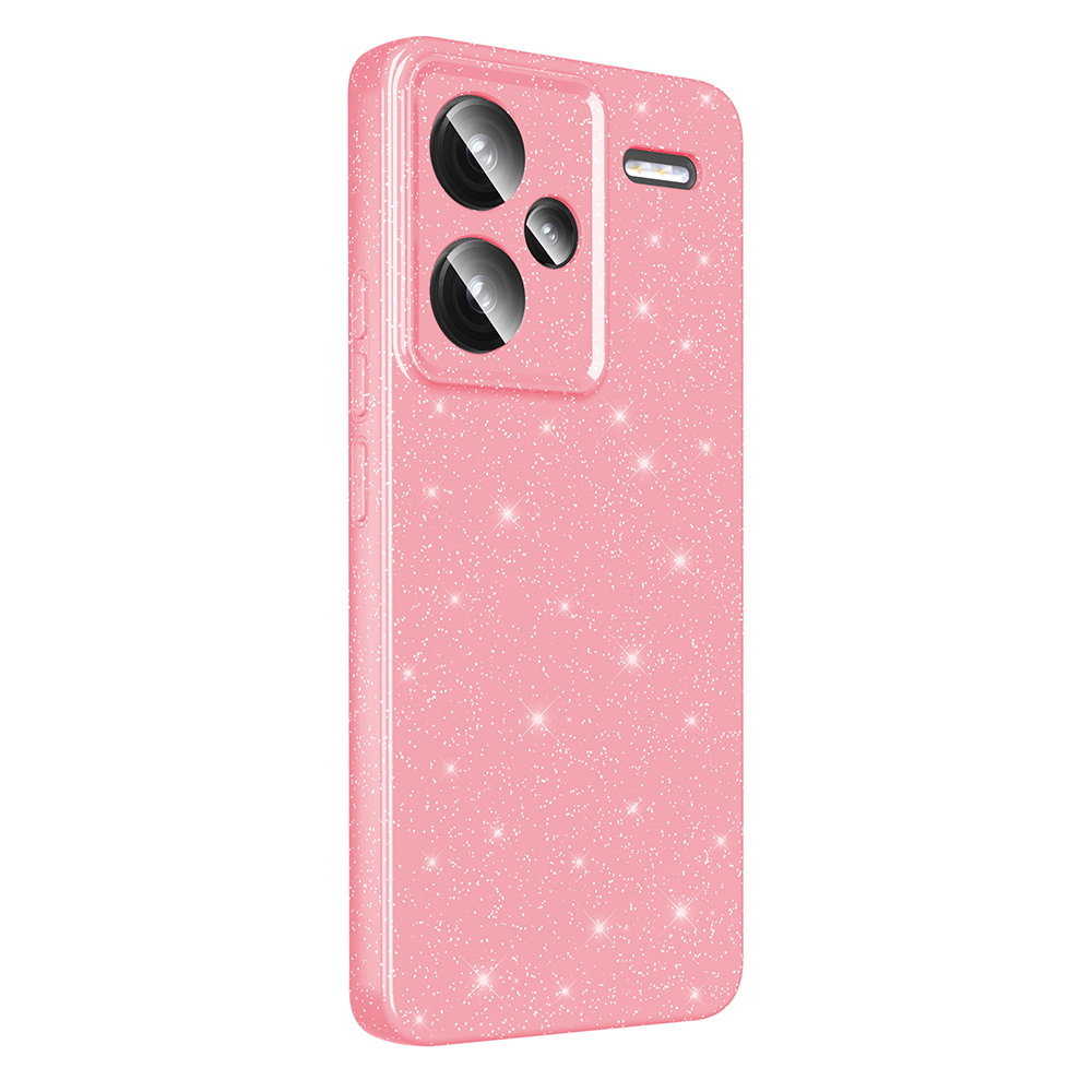 Glitter efektli pembe bir telefon kılıfı. Kamera kesikleri ve yanlarda düğmeler bulunur. Kılıf parlak ve pürüzsüzdür.