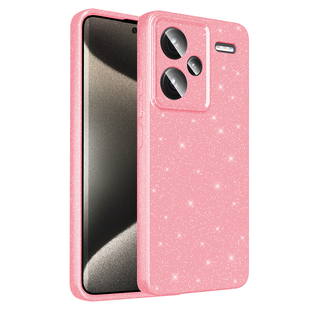 Pembe, ışıltılı dokulu telefon kılıfı. Kamera kesikleri ve ekran koruyucusu var, beyaz arka plan üzerinde.