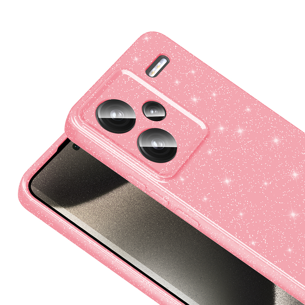 Üç kamera lensli pembe ışıltılı bir telefon kılıfı gösteriliyor. Telefon ekranı görünür durumda ve kılıf açılı.