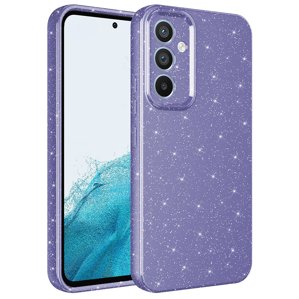 Simli ve şeffaf çerçeveli mor bir telefon kılıfı. Telefon ekranı görünür, kılıfın kamera kesikleri var.