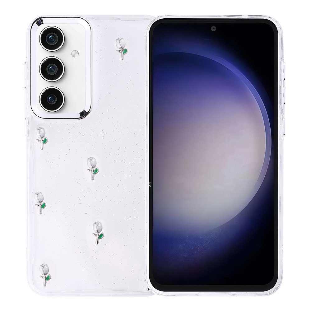Gümüş çerçeveli ve beyaz lale desenli şeffaf bir telefon kılıfı. Ekran, mor ve beyaz gradyanlı siyah renktedir.