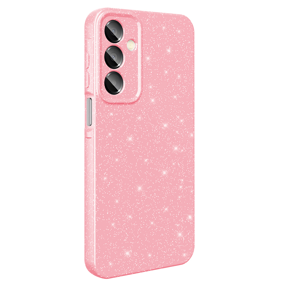 Pembe, ışıltılı bir telefon kılıfı. Üç kamera deliği ve bir flaşı var. Yanında düğmeler var.