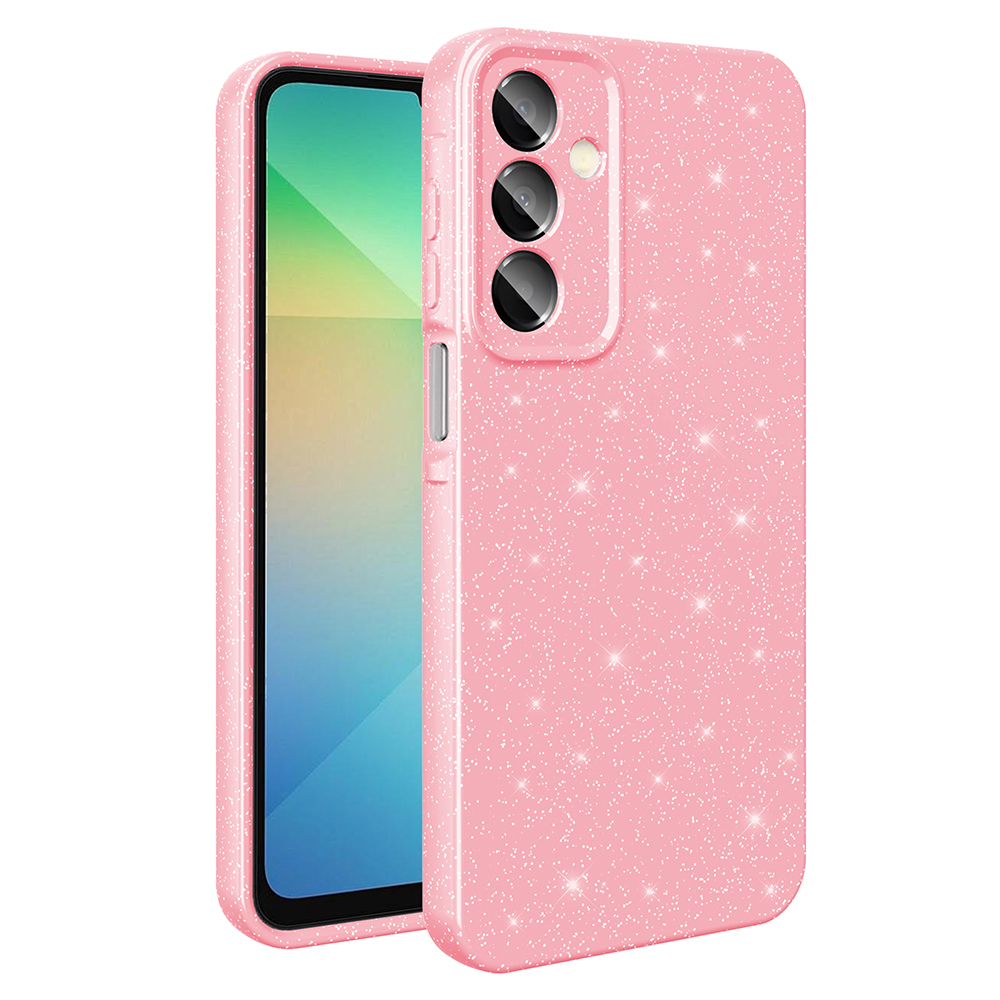 Glitter efektli pembe telefon kılıfı. Üç kamera deliği ve bir ekranı var. Kılıf beyaz bir arka plan üzerinde.