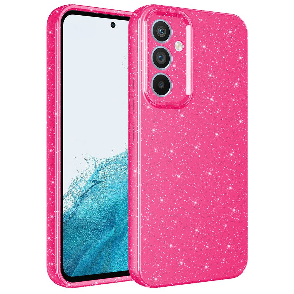 İçinde bir telefon bulunan pembe, ışıltılı bir telefon kılıfı. Kılıf, kamera kesiklerine ve parlak bir tasarıma sahiptir.