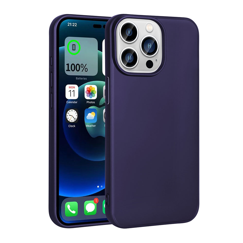 Takvim, saat ve fotoğraflar gibi uygulamaları gösteren bir iPhone'un yanında koyu mor bir telefon kılıfı. Telefon %100 pil gösteriyor.