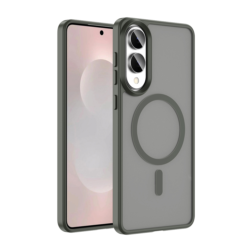 Gri bir kılıf içinde bir akıllı telefon. Kılıfın manyetik bir halkası ve kamera oyuğu var. Ekran açık pembe bir arka plan gösteriyor.