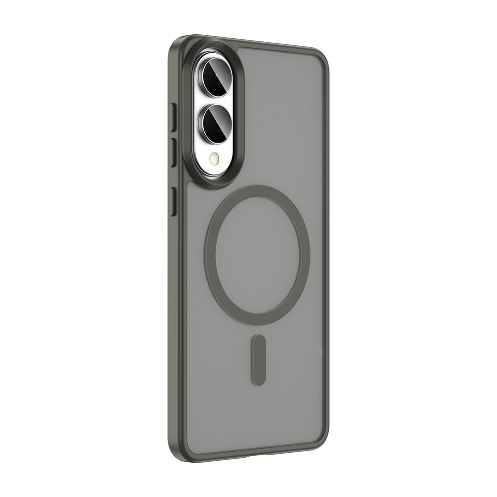 Kamera kesimi, manyetik daire ve altta küçük bir çubuk bulunan gri bir telefon kılıfı.