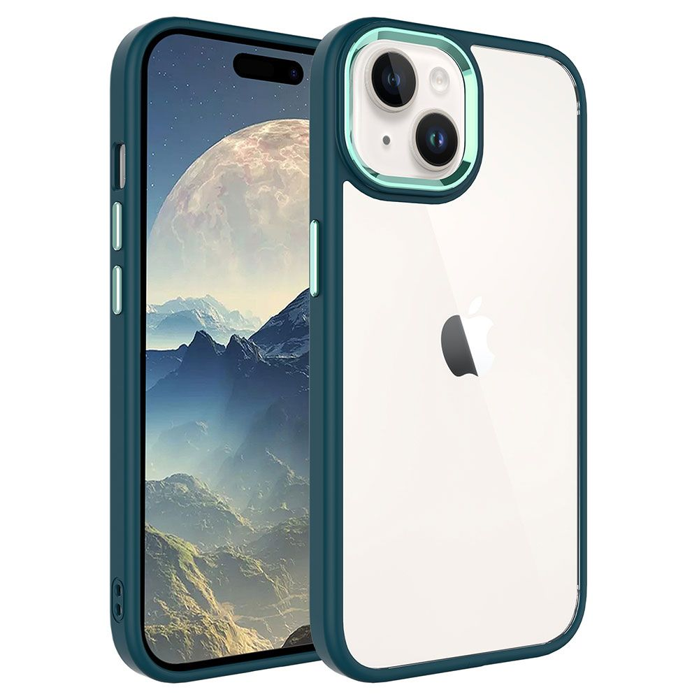 İki turkuaz telefon kılıfı. Biri gezegen görüntüsüyle ekranı, diğeri Apple logosunu gösteriyor.