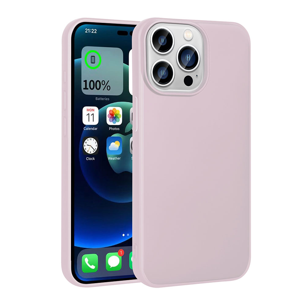 Pembe kılıflı bir akıllı telefon, uygulama simgeleriyle ana ekranı görüntülüyor. Telefon beyaz bir arka plan üzerinde.