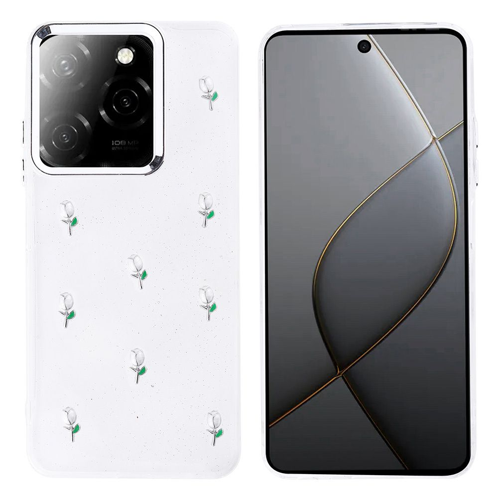 İki telefon, biri beyaz kılıf ve küçük gül desenleriyle, diğeri görünen ekran, şeffaf kılıf ve altın çizgilerle.