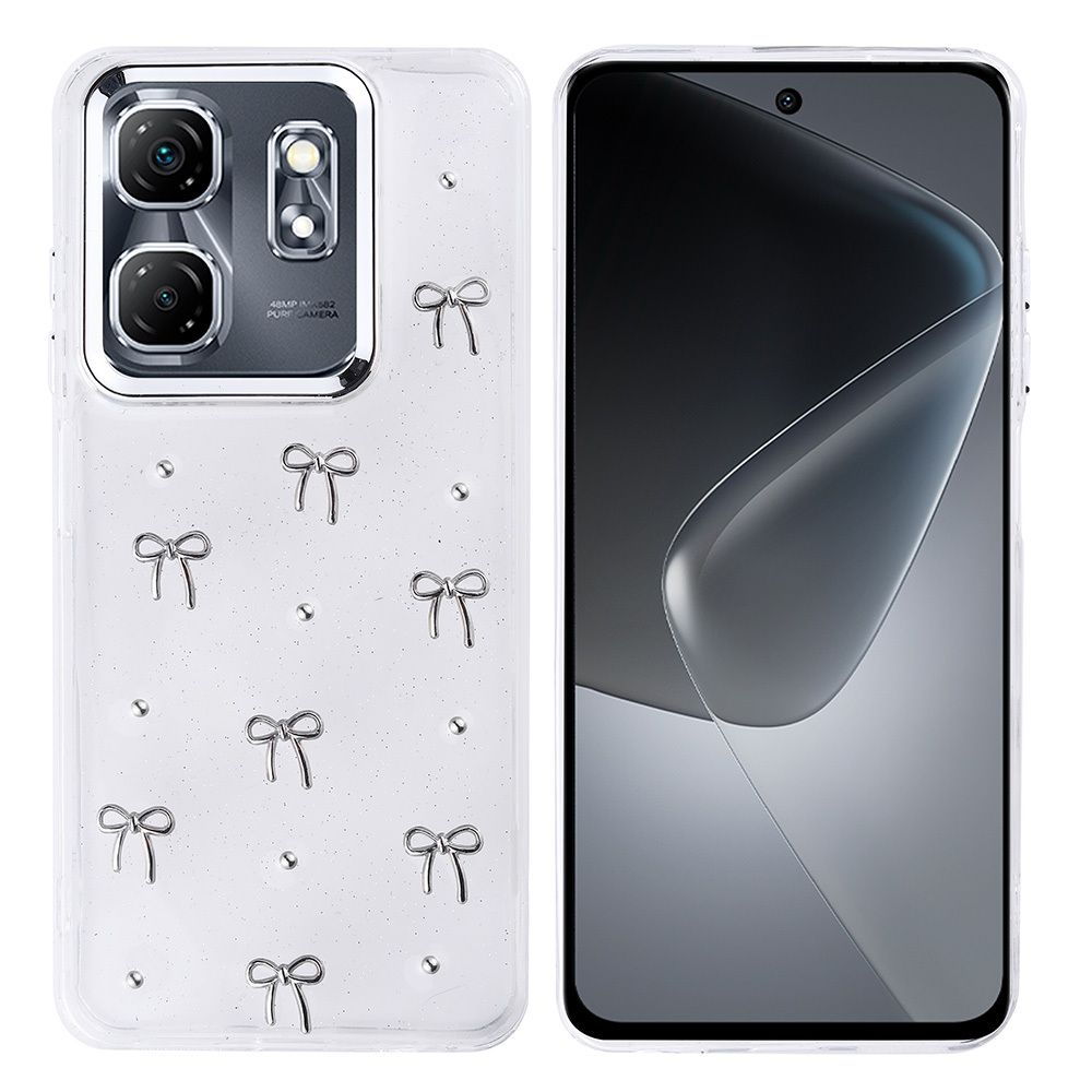 Yay ve ekranla süslenmiş şeffaf bir kılıfa sahip bir telefon. Kılıfın kamera kesikleri var.