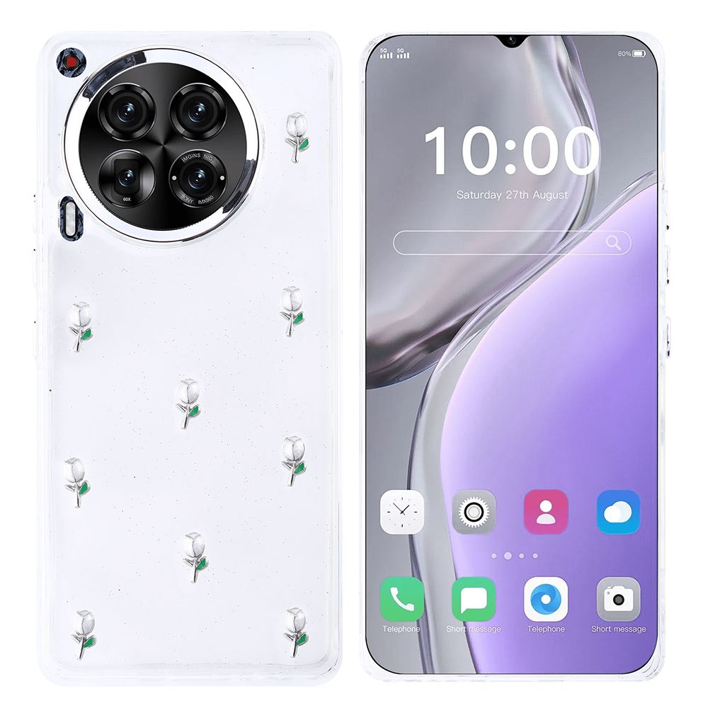 Güllerle süslenmiş beyaz bir kılıfa sahip bir telefon. Ekran 10:00'ı gösteriyor. Telefonun birden fazla kamerası ve şeffaf bir kılıfı var.