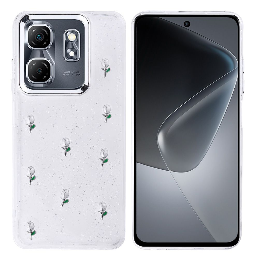 Şeffaf kılıflı akıllı telefon. Kılıf çiçek desenli. Telefonun ekranı siyah. Arkada kameralar ve flaş var.