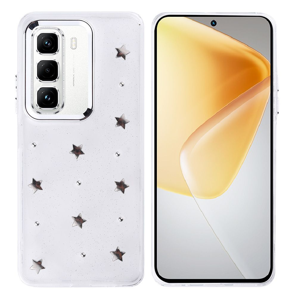Şeffaf kılıflı bir akıllı telefon. Kılıfın yıldız ve nokta desenleri var. Ekran soyut sarı bir tasarım gösteriyor.
