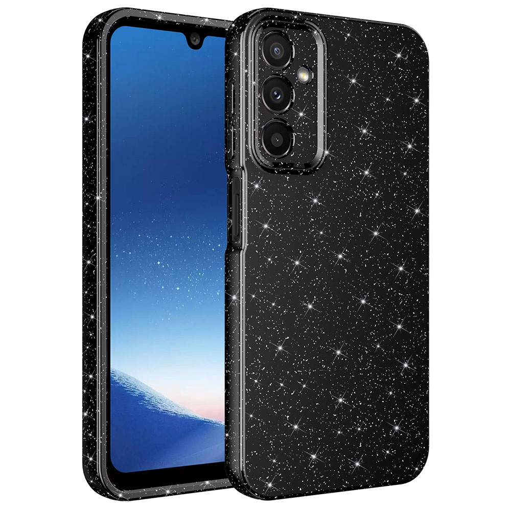 Işıltılı siyah kılıf içinde bir akıllı telefon. Ekran mavi yıldızlı bir arka plan gösteriyor. Kılıfın üç kamerası var.