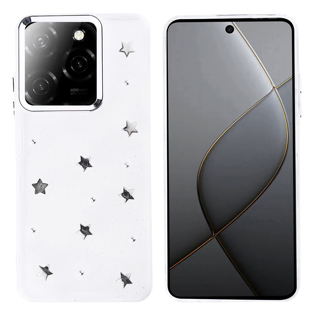 Yıldız süslemeli beyaz telefon kılıfı. Ekran, gri arka planda altın çizgi tasarımı gösteriyor.