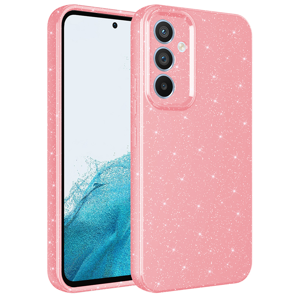 Bir telefonun yanında, ışıltılı pembe bir telefon kılıfı. Kılıfın kamera ve düğmeler için kesikleri var. Telefonun siyah bir ekranı var.