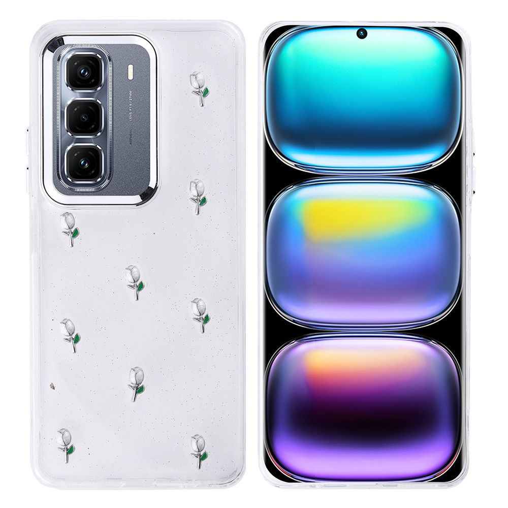 Beyaz gül desenli şeffaf telefon kılıfı. Ekran mavi, sarı ve mor geçişler gösteriyor.