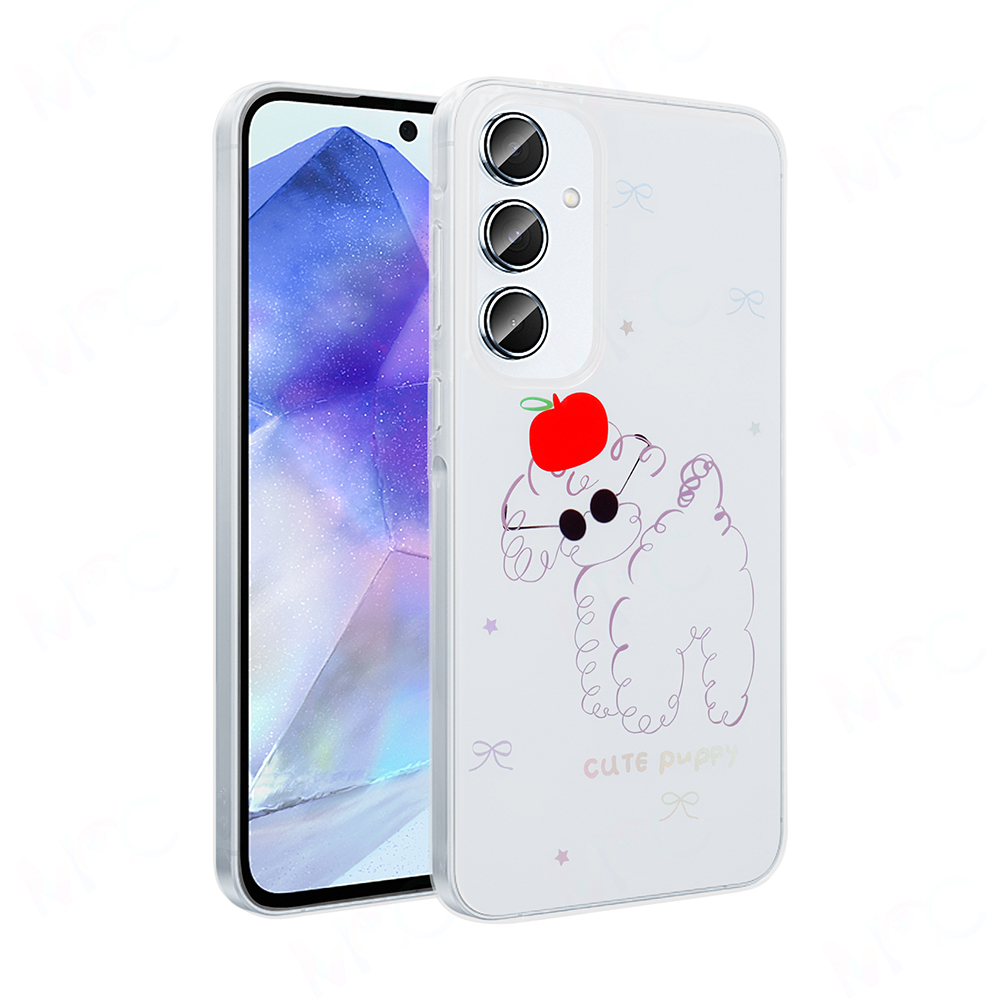 Sevimli bir köpek yavrusu tasarımına sahip bir telefon kılıfı. Yavrunun kafasında kırmızı bir elma ve güneş gözlüğü var. Kılıf şeffaf.