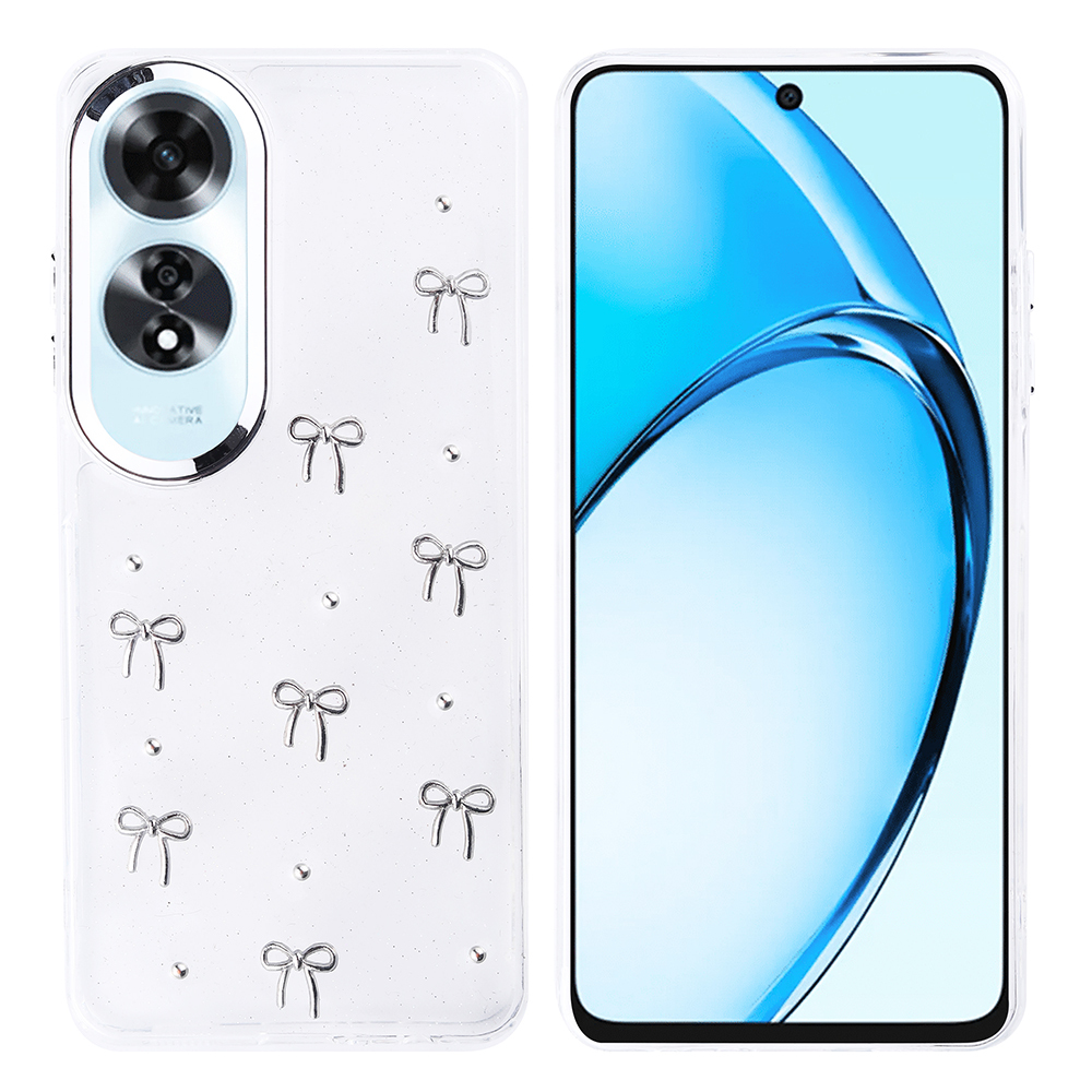Gümüş kurdele detaylı şeffaf bir telefon kılıfı ve mavi dalga desenli bir telefon ekranı.